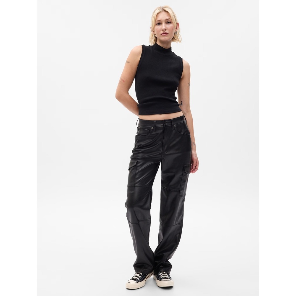 Gap Women Faux Leather Cargo Pants Black High Rise Straight Leg Size 25/0 R